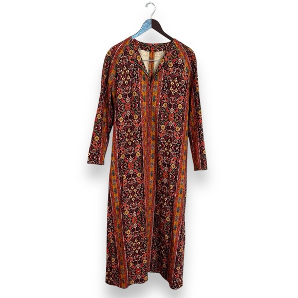 Vintage Bohemian Carpet Tapestry Long Sleeve Zippered Maxi Dress - Picture 1 of 3
